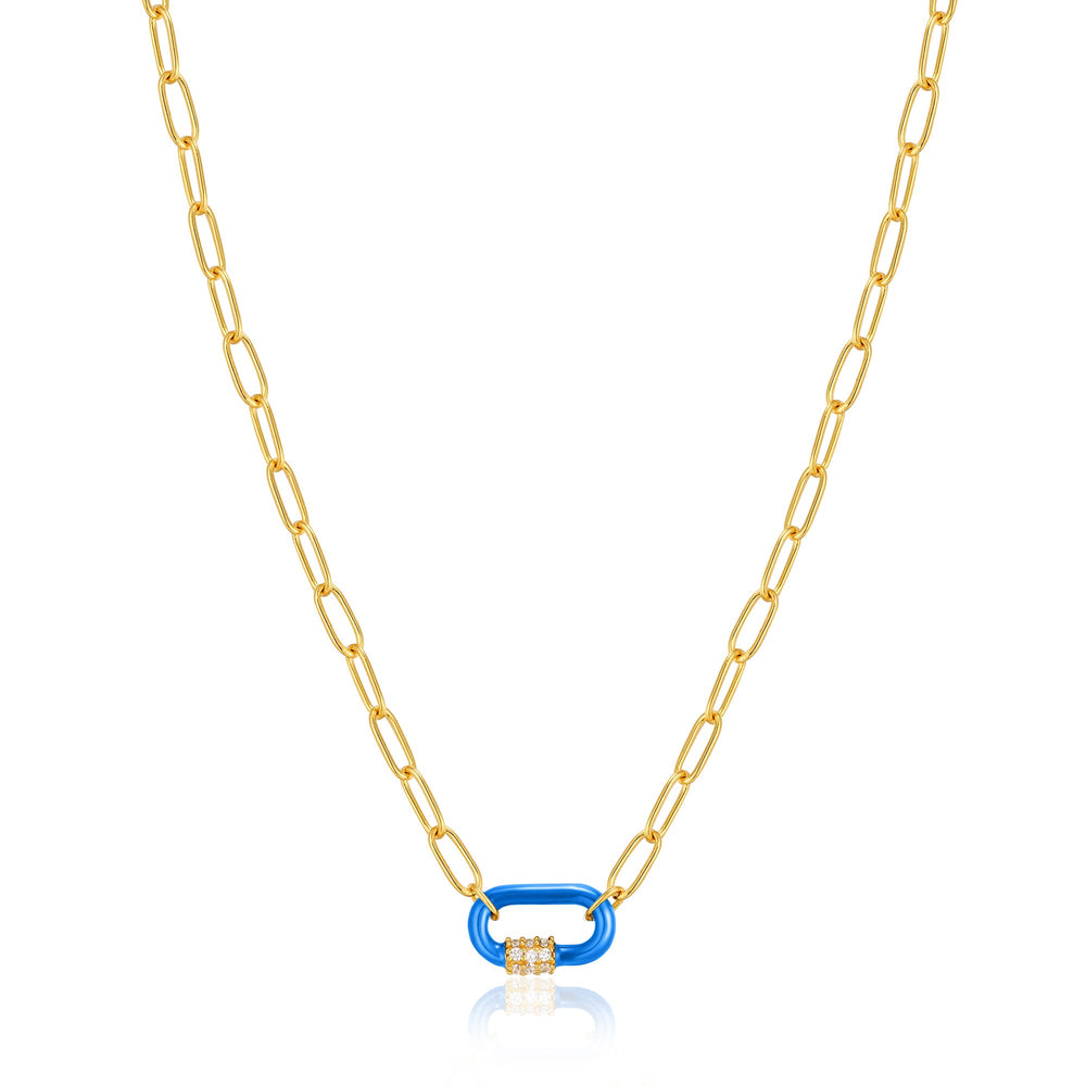 Neon Blue Enamel Carabiner Gold Necklace