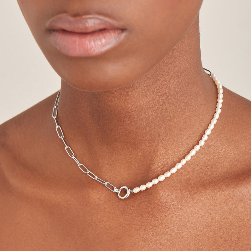 Silver Pearl Chunky Link Chain Necklace
