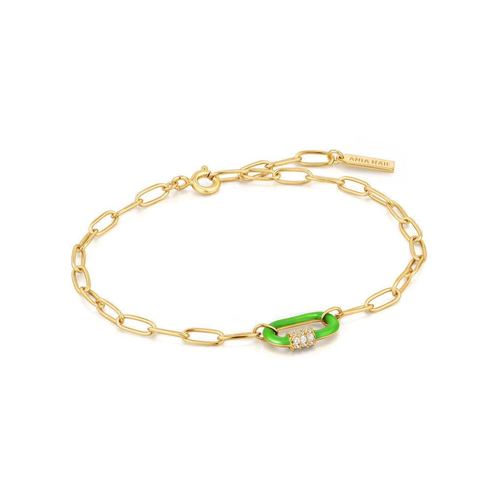Neon Green Enamel Carabiner Gold Bracelet