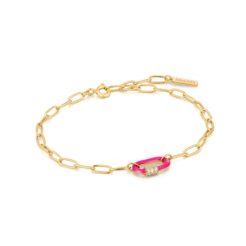 Neon Pink Enamel Carabiner Gold Bracelet