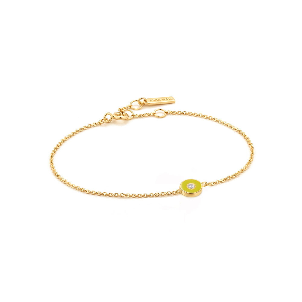 
            
                Load image into Gallery viewer, Neon Yellow Enamel Disc Gold Bracelet
            
        