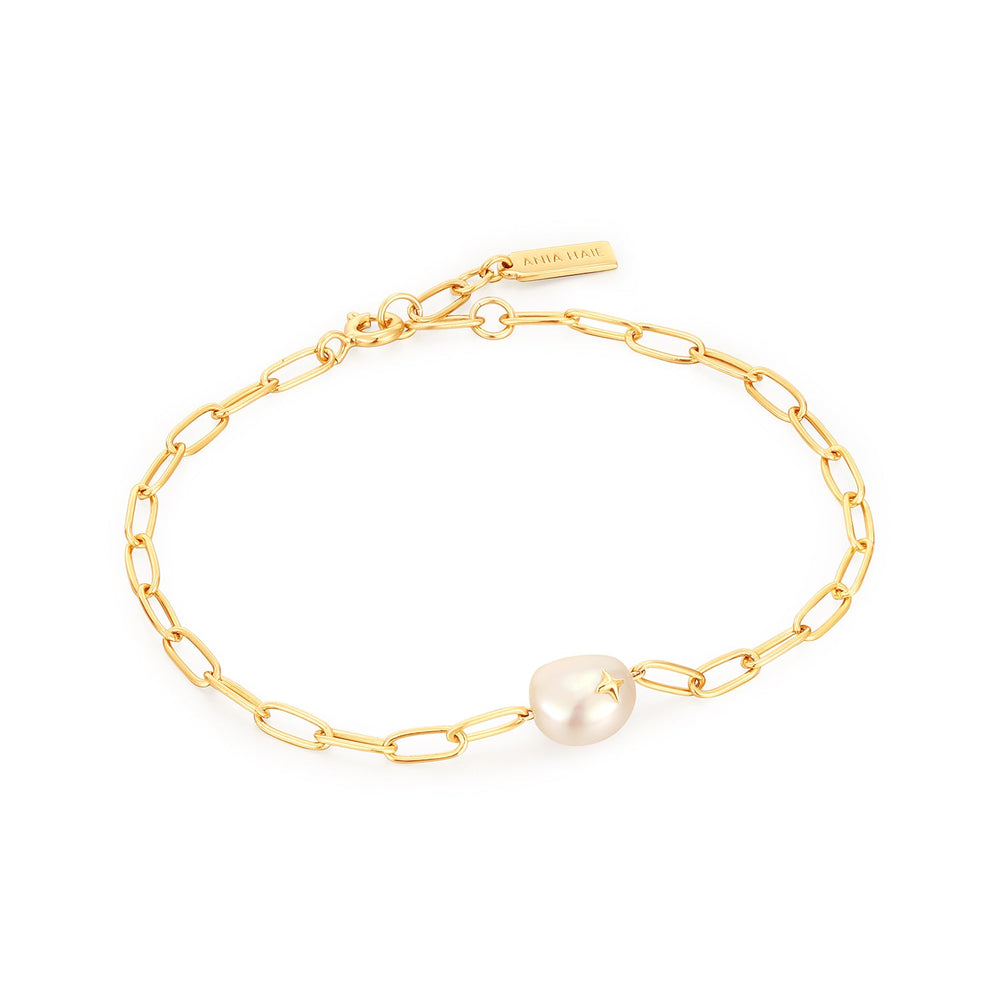 Bracelet à chaînes épaisses or, perles et paillettes
