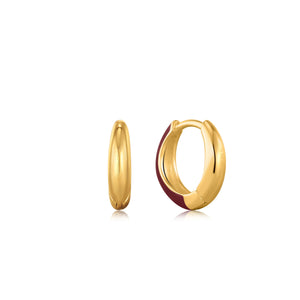 
            
                Load image into Gallery viewer, Claret Red Enamel Gold Sleek Huggie Hoop Earrings
            
        