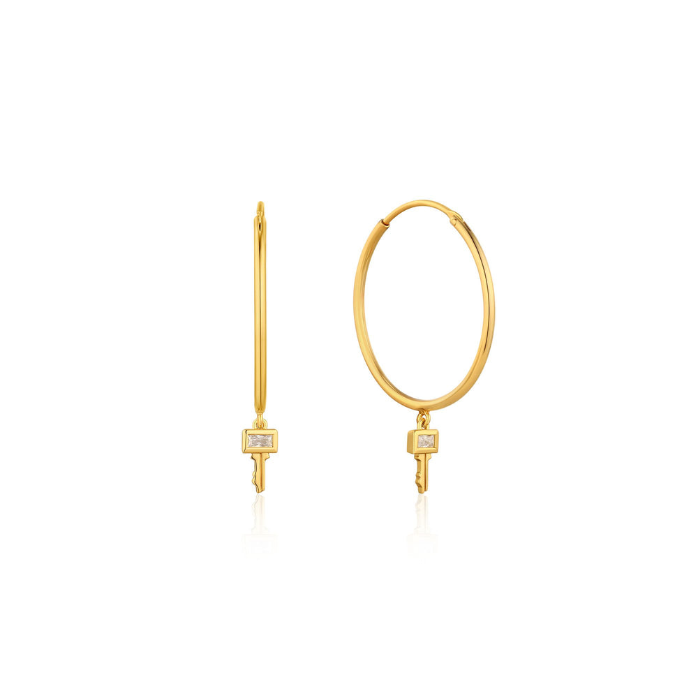 
            
                Load image into Gallery viewer, Gold Key Hoop Earrings
            
        
