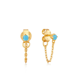 Turquoise Chain Drop Gold Stud Earrings