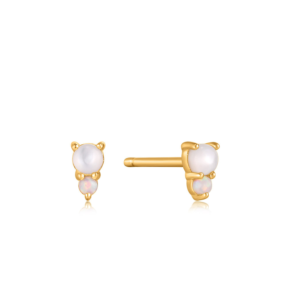 
            
                Load image into Gallery viewer, Gold Mother of Pearl and Kyoto Opal Stud Earrings
            
        