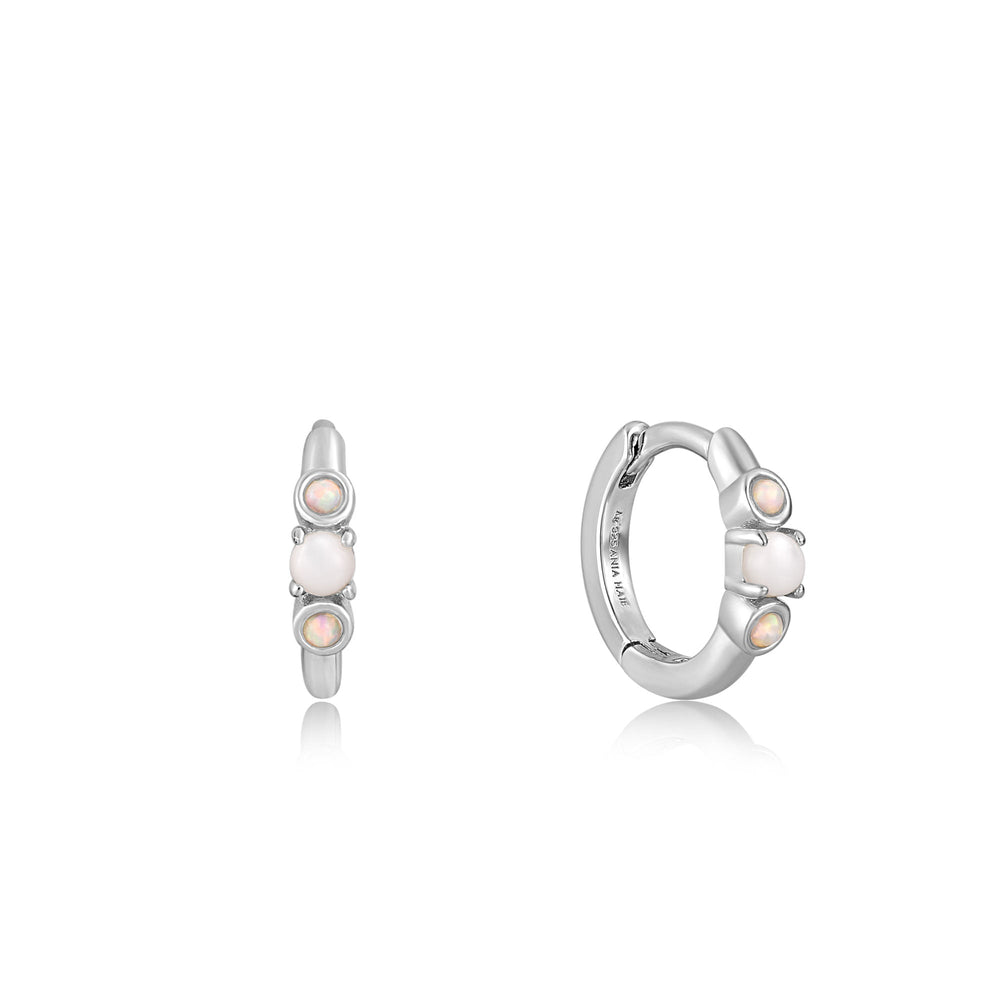 
            
                Load image into Gallery viewer, Silver Mother of Pearl and Kyoto Opal Huggie Hoop Earrings
            
        