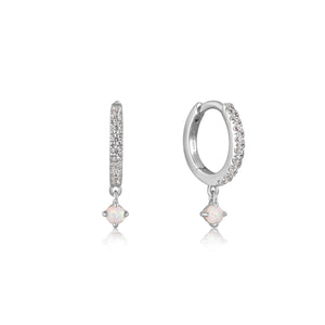 
            
                Load image into Gallery viewer, Silver Sparkle Kyoto Opal Drop Huggie Hoop Earrings
            
        