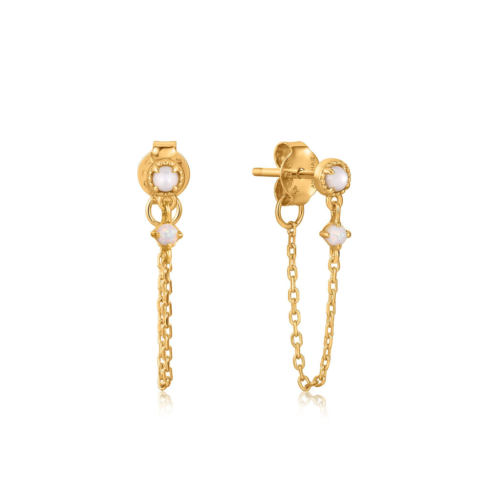 Boucles d'oreilles pendantes en or, nacre et opale de Kyoto, avec chaîne