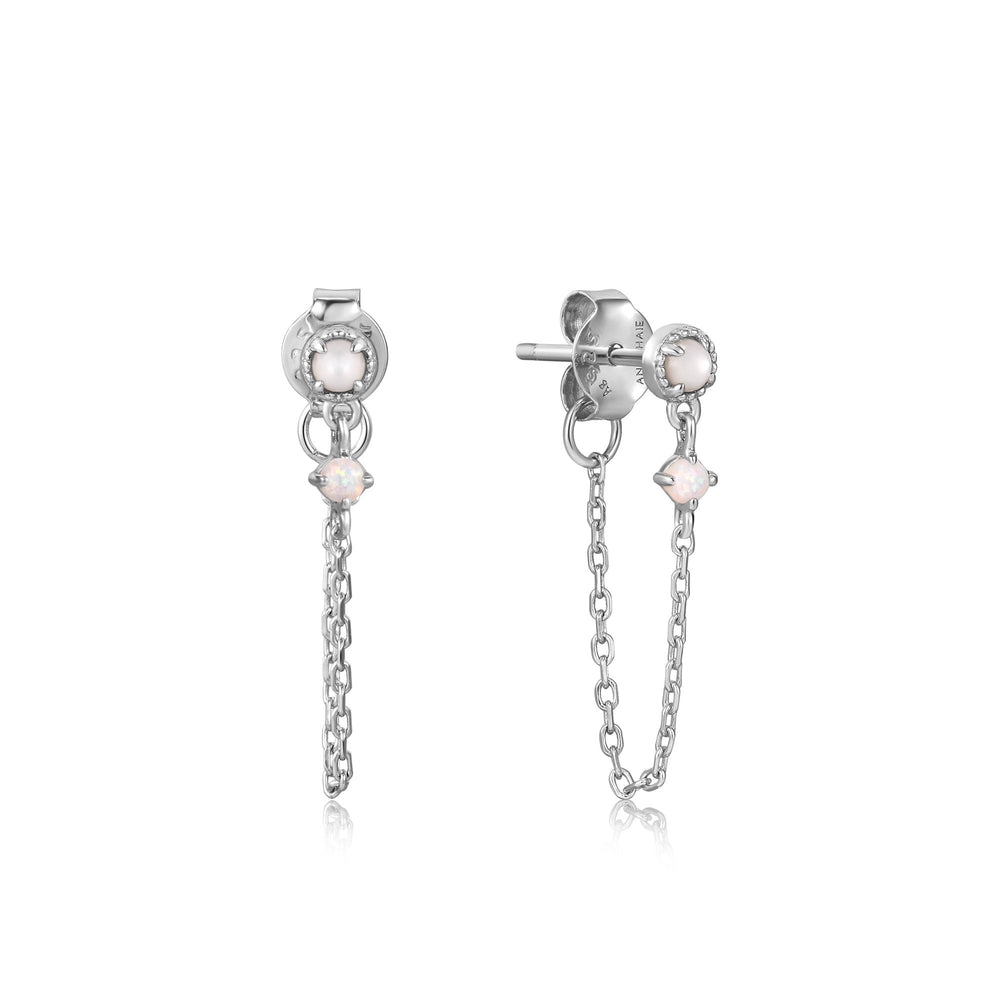 
            
                Load image into Gallery viewer, Silver Mother of Pearl and Kyoto Opal Chain Drop Stud Earrings
            
        