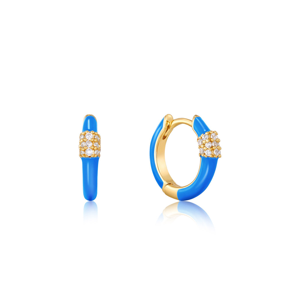 Neon Blue Enamel Carabiner Gold Huggie Hoop Earrings