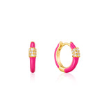Boucles d'oreilles Huggie Hoop en émail rose fluo avec mousqueton en or