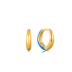 
            
                Load image into Gallery viewer, Neon Blue Enamel Gold Sleek Huggie Hoop Earrings
            
        