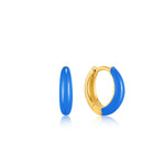 Neon Blue Enamel Gold Sleek Huggie Hoop Earrings