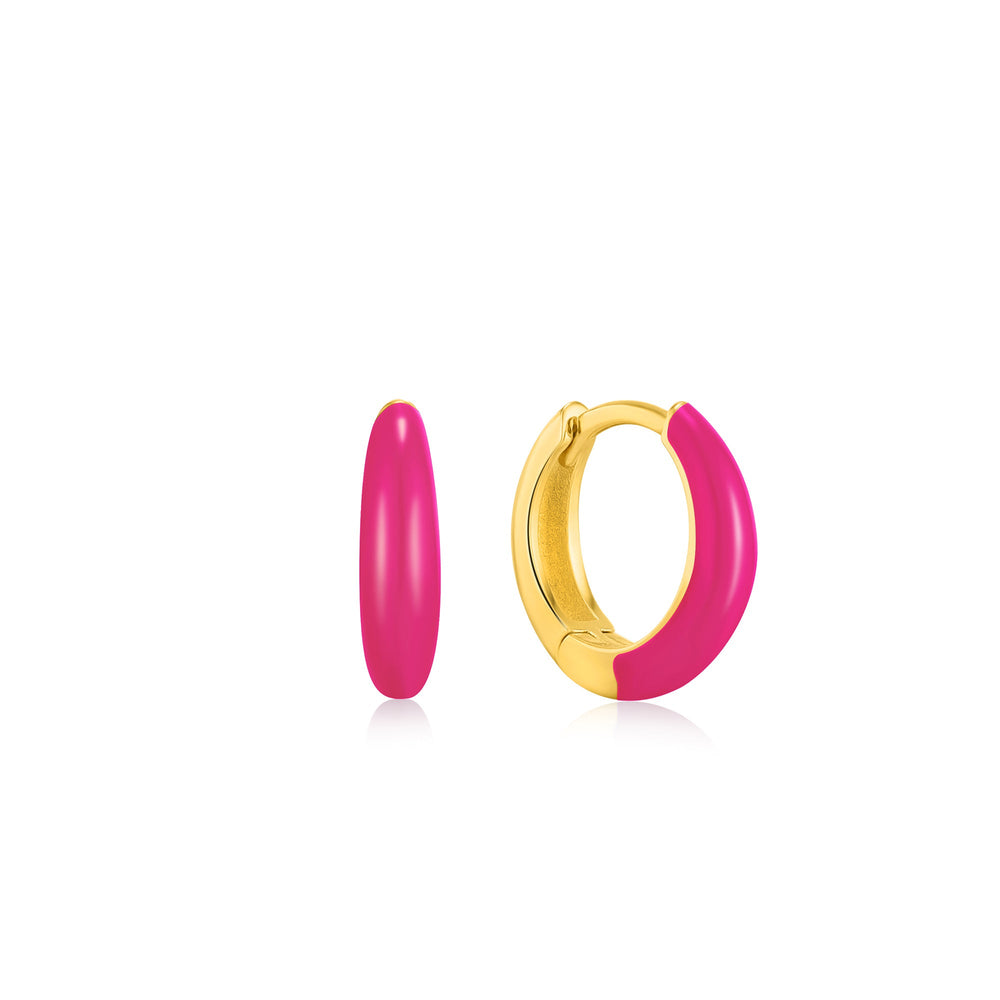 Neon Pink Enamel Gold Sleek Huggie Hoop Earrings
