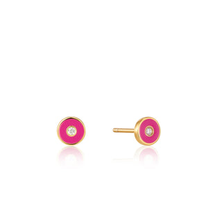 Neon Pink Enamel Disc Gold Stud Earrings
