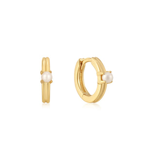Gold Pearl Cabochon Huggie Hoop Earrings