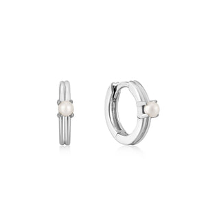 Silver Pearl Cabochon Huggie Hoop Earrings