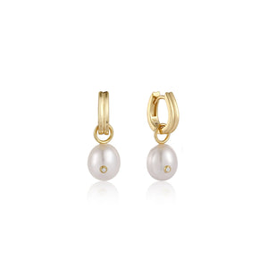 Gold Pearl Drop Sparkle Huggie Hoop Earrings