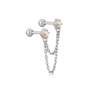 Silver Kyoto Opal Drop Chain Barbell Single Earring