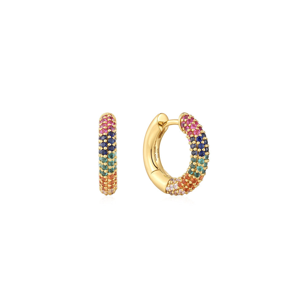 
            
                Load image into Gallery viewer, Gold Rainbow Huggie Hoop Earrings
            
        