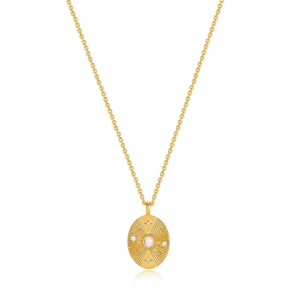 
            
                Load image into Gallery viewer, Gold Scattered Stars Kyoto Opal Disc Necklace
            
        