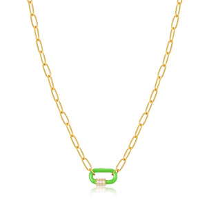 
            
                Load image into Gallery viewer, Neon Green Enamel Carabiner Gold Necklace
            
        