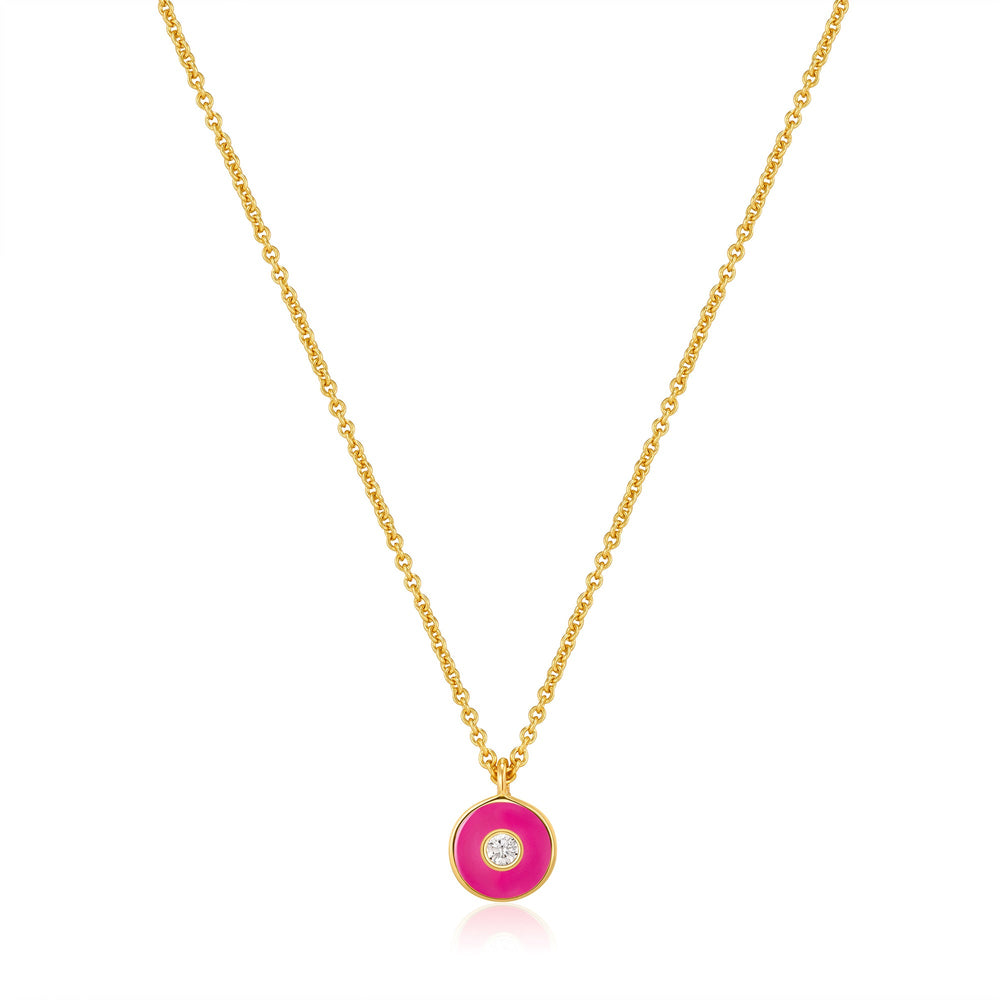 
            
                Load image into Gallery viewer, Neon Pink Enamel Disc Gold Necklace
            
        