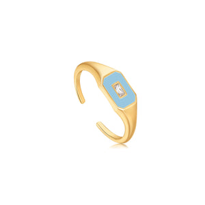 Powder Blue Enamel Emblem Gold Adjustable Ring