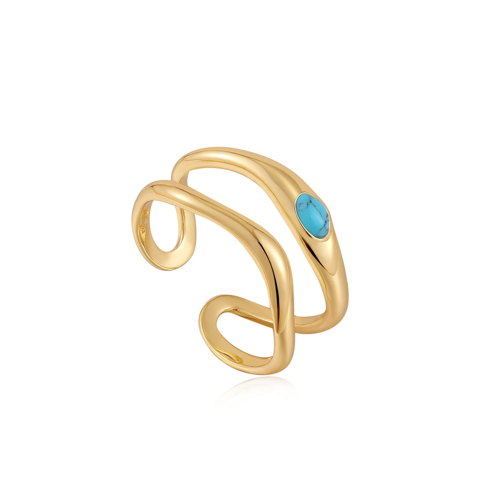 Gold Turquoise Wave Double Band Adjustable Ring